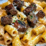 Cajun Steak Tips in Cheesy Rigatoni Parmesan Sauce