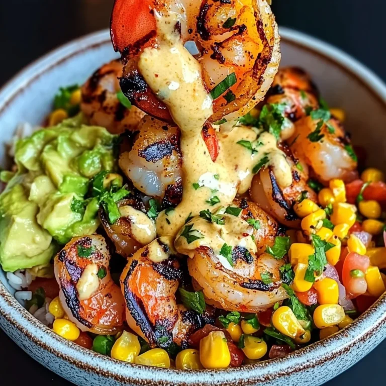 Grilled Shrimp Bowl with Avocado, Corn Salsa & Creamy Sauce