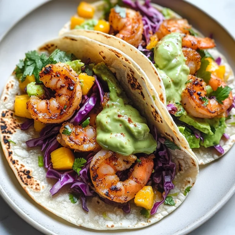 Spicy Shrimp Tacos with Mango Slaw and Avocado Crema