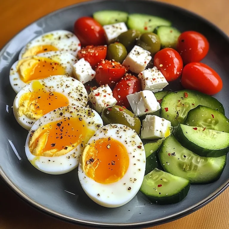 Avocado & Soft-Boiled Egg Breakfast Plate with Feta, Olives & Veggies