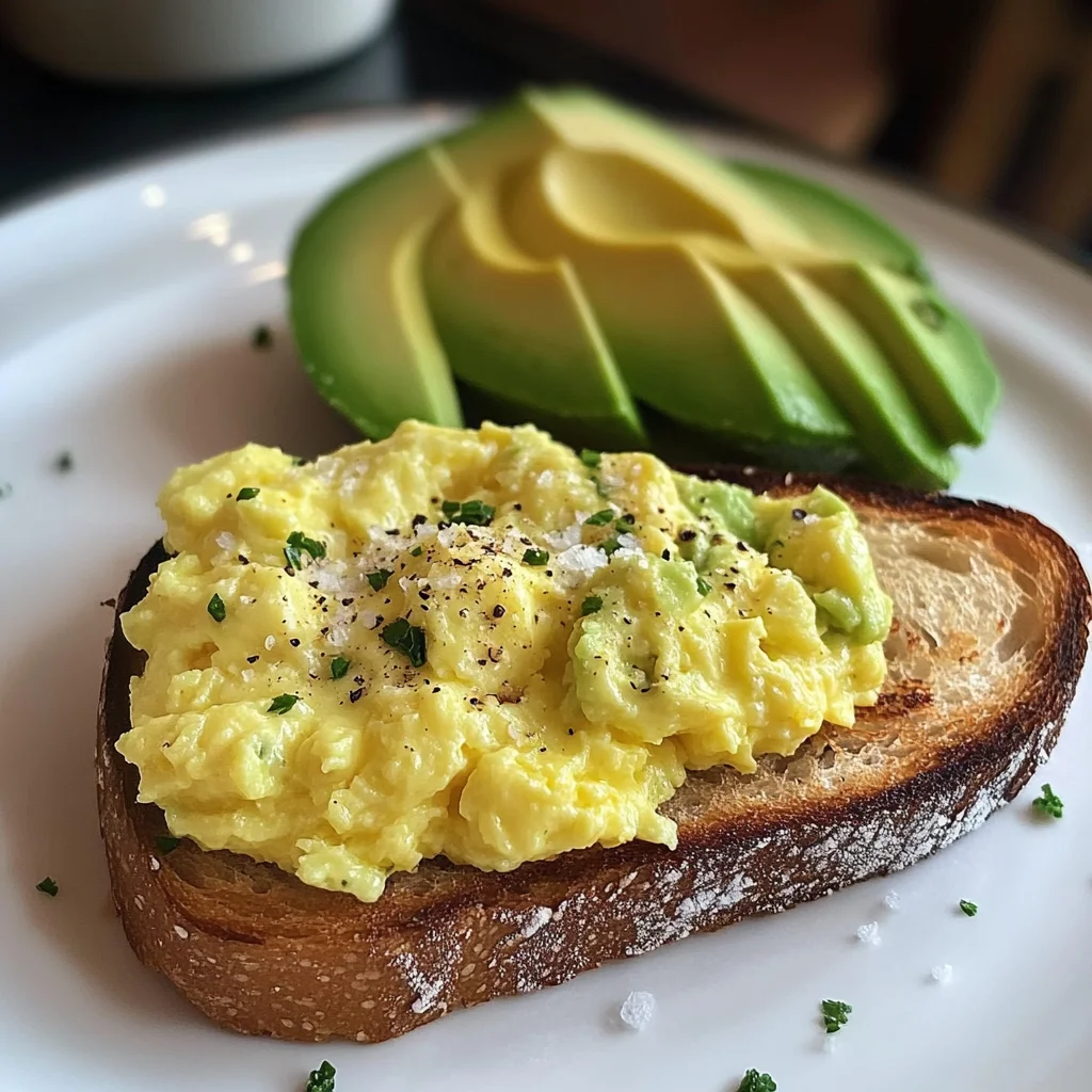 Creamy Scrambled Eggs with Avocado Toast & Iced Matcha Latte