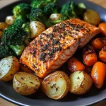 Garlic-Herb Salmon with Roasted Potatoes, Glazed Carrots & Broccoli