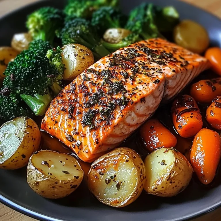 Garlic-Herb Salmon with Roasted Potatoes, Glazed Carrots & Broccoli