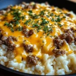 Garlic Butter Beef and Rice Skillet with Cheddar Parmesan Sauce