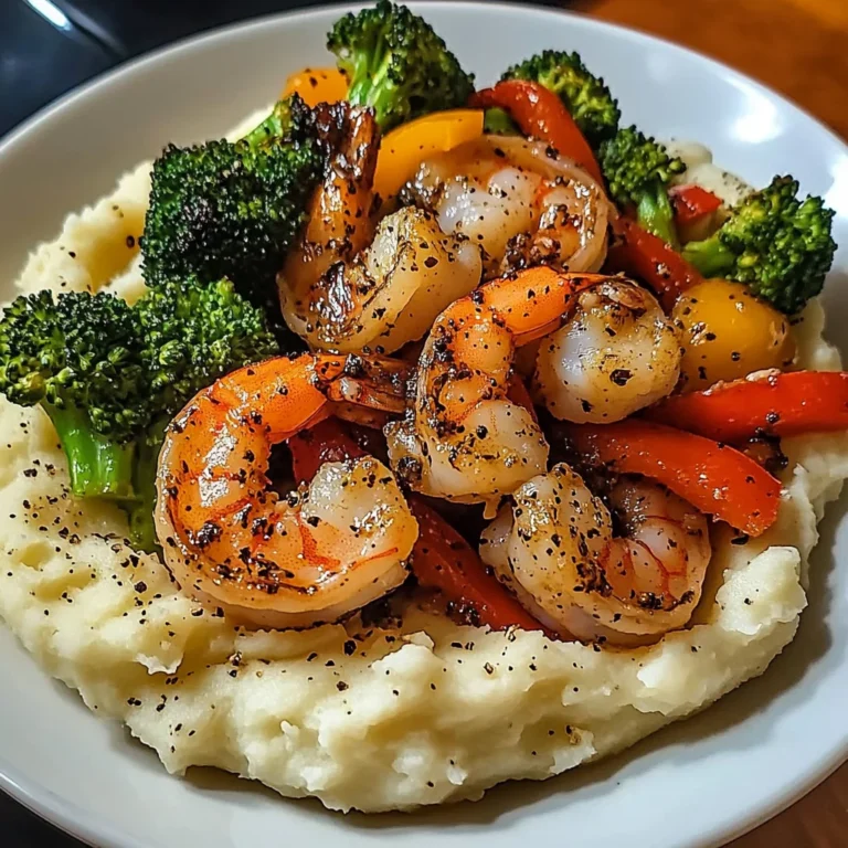 Garlic Butter Shrimp with Sautéed Veggies & Creamy Mashed Potatoes