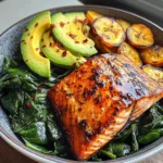 Glazed Salmon with Plantains, Spinach & Avocado Bliss Bowl