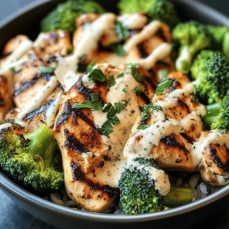 Grilled Chicken & Broccoli Bowls with Creamy Garlic Sauce