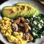 Creamy Scrambled Eggs with Sautéed Mushrooms, Spinach & Avocado
