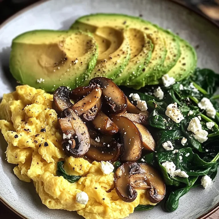 Creamy Scrambled Eggs with Sautéed Mushrooms, Spinach & Avocado
