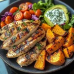 Grilled Chicken Power Plate with Sweet Potatoes & Avocado Salad