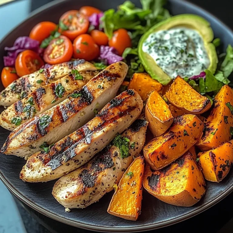 Grilled Chicken Power Plate with Sweet Potatoes & Avocado Salad