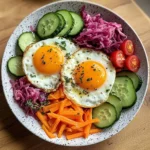 Rainbow Veggie and Sauerkraut Plate with Sunny Eggs