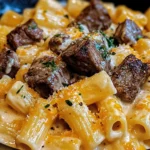 Cajun Steak Tips in Cheesy Rigatoni Parmesan Sauce
