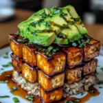 Crispy Teriyaki Tofu and Avocado Rice Stack