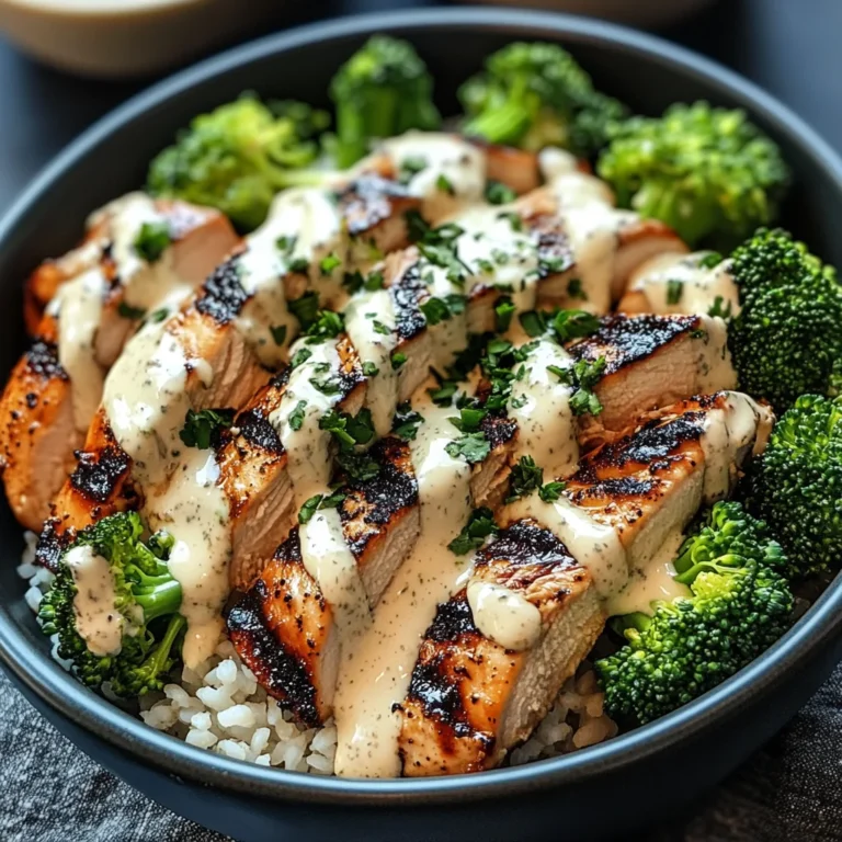 Grilled Chicken & Broccoli Bowls with Creamy Garlic Sauce