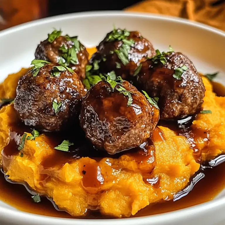 Enjoy Irresistible beef Meatballs with Sweet Potato Mash & Bourbon-Maple Sauce