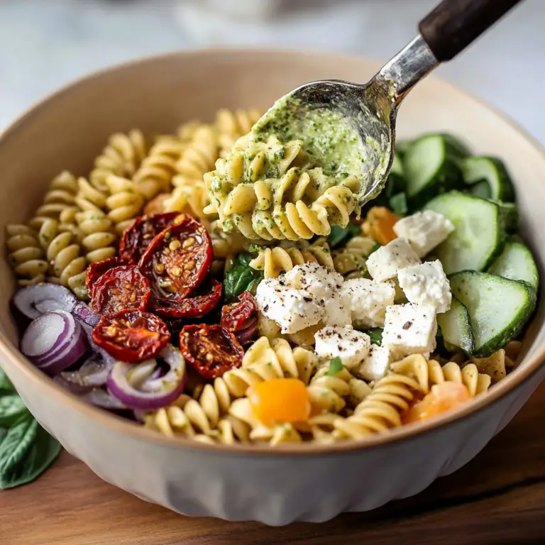 Creamy Pesto Pasta Salad with Sun-Dried Tomato, Feta, and Mediterranean Veggies Recipe