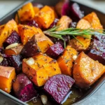 warm garlic roasted sweet potatoes and beets with rosemary for budget meals